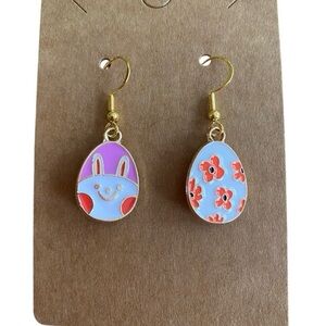 Asymmetrical Easter Egg Bunny and Floral Dangle Earrings
